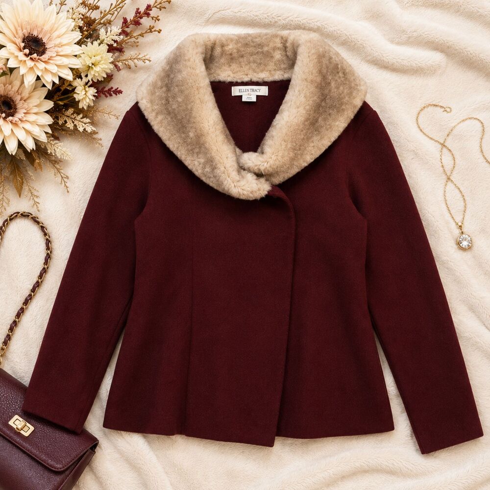 Ellen Tracy Burgundy Wool Blend Sweater Faux Fur Collar Medium